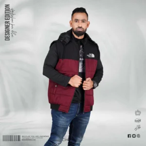 Premium Contrast Sleeveless Jacket – Dark Maroon