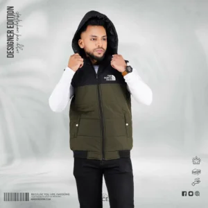 Premium Contrast Sleeveless Jacket – Dark Olive