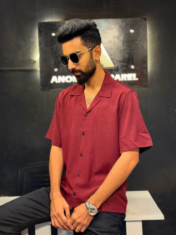 Premium Texture Cuban Shirt - Dark Maroon