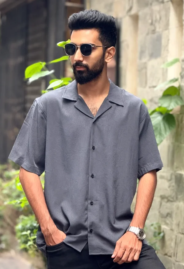 Premium Texture Cuban Shirt - Blueish Grey