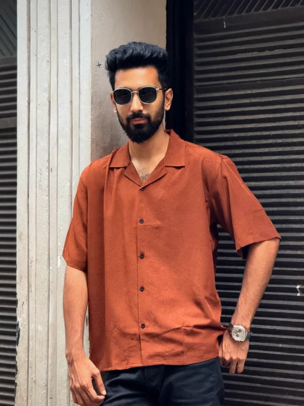 Premium Texture Cuban Shirt - Dark Brick